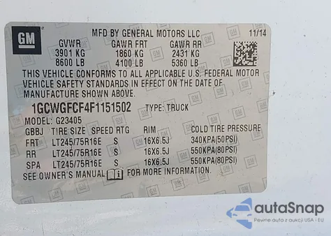 2015 Chevrolet Express 2500 Work Van z USA, uszkodzony, nr VIN 1GCWGFCF4F1151502